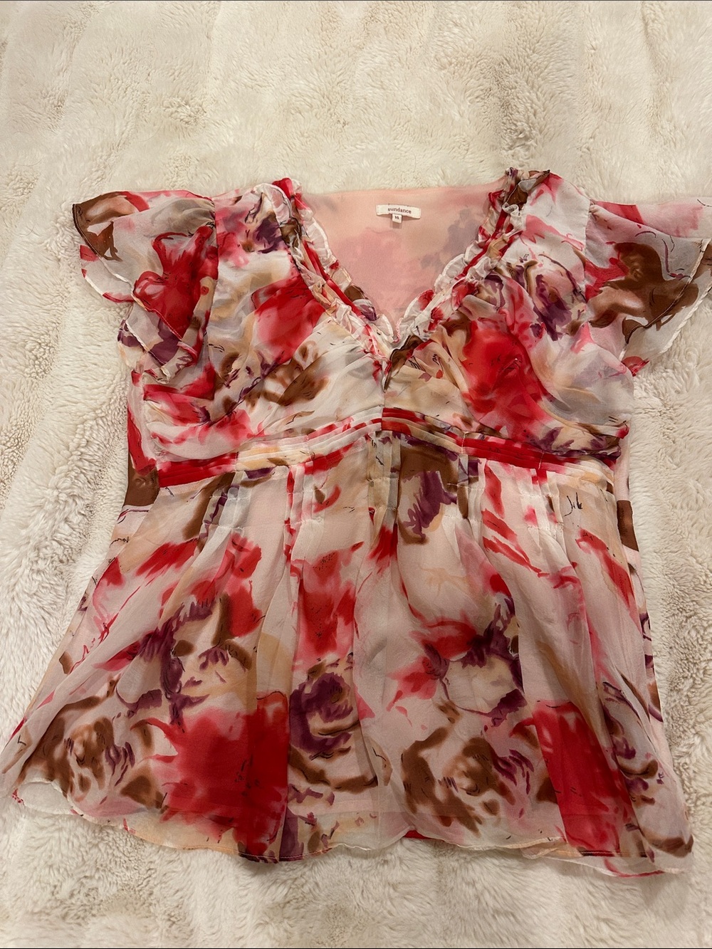 Sundance Silk Floral V-Neck Blouse in Red, Pink and Brown